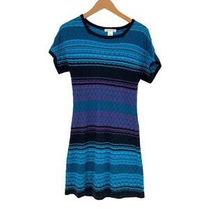 London Times Dress Size Large Open Hole Knit Blue Black Purple Stripe
